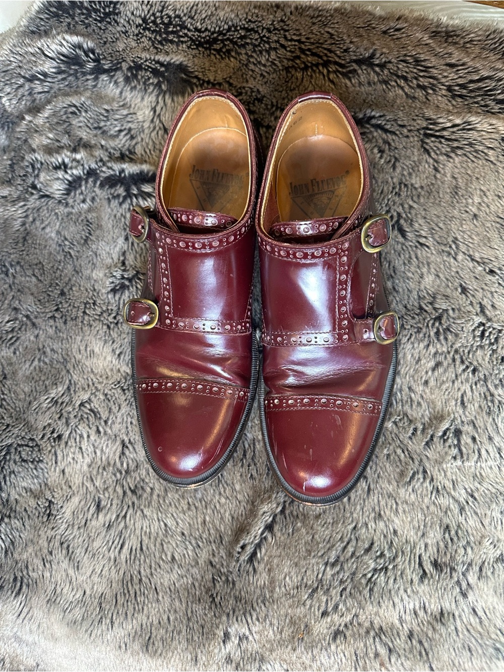 VINTAGE JOHN FLUEVOG Double Monk Strap Burgundy Brogue Detail Leather Shoes, 7.5